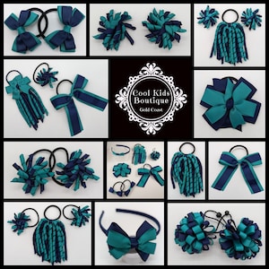 May include: A collage of teal and navy blue hair accessories, including bows, scrunchies, and headbands. The accessories are arranged in a grid pattern on a white background. The text "Cool Kids Boutique Gold Coast" is visible in the center of the image.