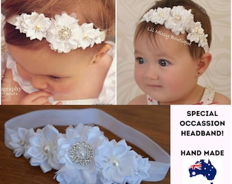 BABY HEADBAND Headbands  White  Christening Baptism Wedding Flowegirl Fascinator Hand Made in Australia