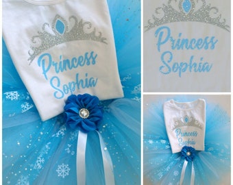 Personalised COSTUME Frozen Tutu  Shirt  Blue  Outfit Cake Smash Birthday Party Hand Made