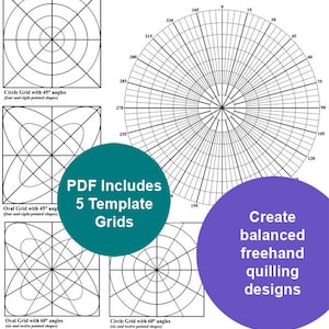 Op de afbeelding: Vijf printbare quilling sjablonen om gebalanceerde vrijehandontwerpen te maken. De sjablonen omvatten cirkelroosters met hoeken van 45 en 60 graden en ovaalroosters met hoeken van 45 en 60 graden.