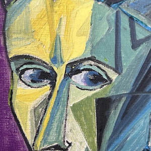 Male portreat Man , Vintage Original oil canvas painting, Cubism Handmade Art 1950’s image 9