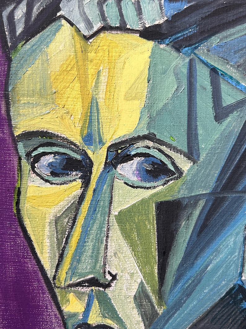 Male portreat Man , Vintage Original oil canvas painting, Cubism Handmade Art 1950’s image 9