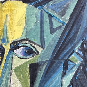 May include: Abstract painting of a face with geometric shapes in shades of blue, green, and yellow.