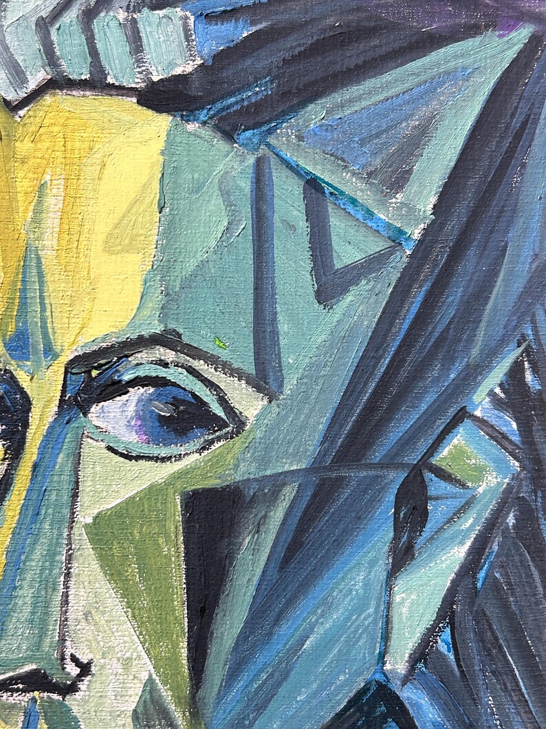 May include: Abstract painting of a face with geometric shapes in shades of blue, green, and yellow.
