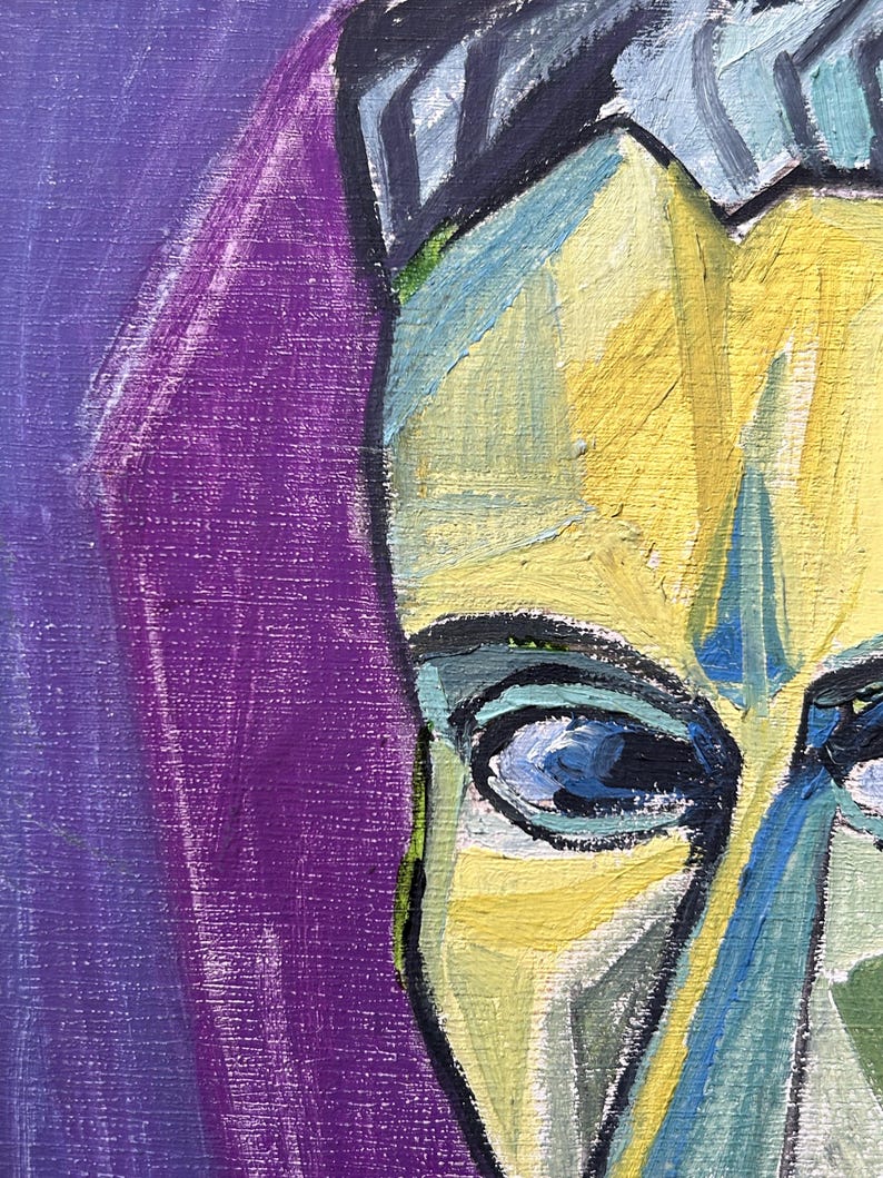 Male portreat Man , Vintage Original oil canvas painting, Cubism Handmade Art 1950’s image 2