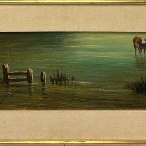 Beautiful Small Landscape Original Antique Oil Painting, Hand Made, Sunny Day Cows Graze, 19th Century, Framed, Signed