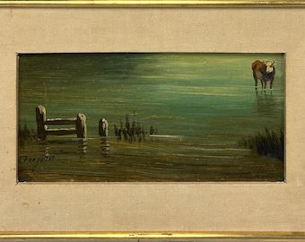Beautiful Small Landscape Original Antique Oil Painting, Hand Made, Sunny Day Cows Graze, 19th Century, Framed, Signed