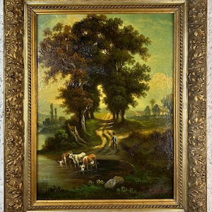 Original Antique Landscape Lake Forest Sky, Oil Painting, Hand Made, Framed