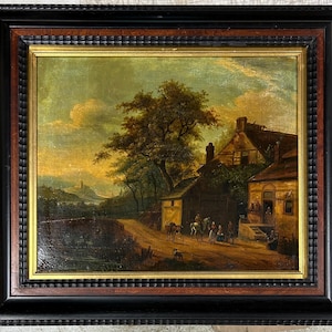 Landscape village Sky, Antique Oil  painting, Original Antique Oil painting 19th century, Framed