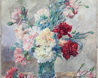 Antique Floral Still Life , Original Watercolor Painting on Paper, Signed