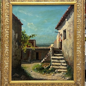 Landscape village Sky, Antique Oil  painting, Original Antique Oil painting 19th century, Framed, Signed