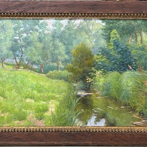 Small Impressionist Landscape Original Antique Oil  on cardboard Painting, Hand Made, Sunny Day, Trees nature, Framed