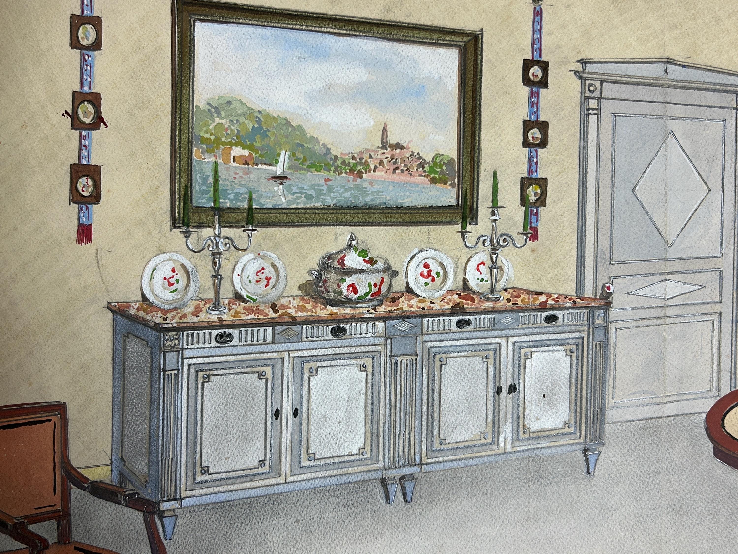 Antique French Interior Watercolor Painting, Signed Dennemor - Etsy