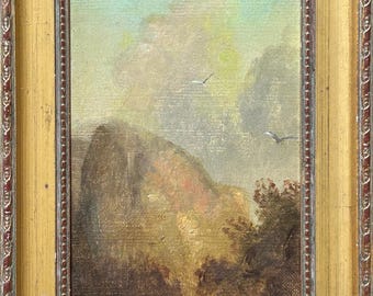 Small Original Oil painting Antique Sky Mountain Landscape, Framed