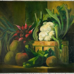 Still Life Scene with Vegetables and Apples, Oil Painting on Canvas, Hand Made, Signed
