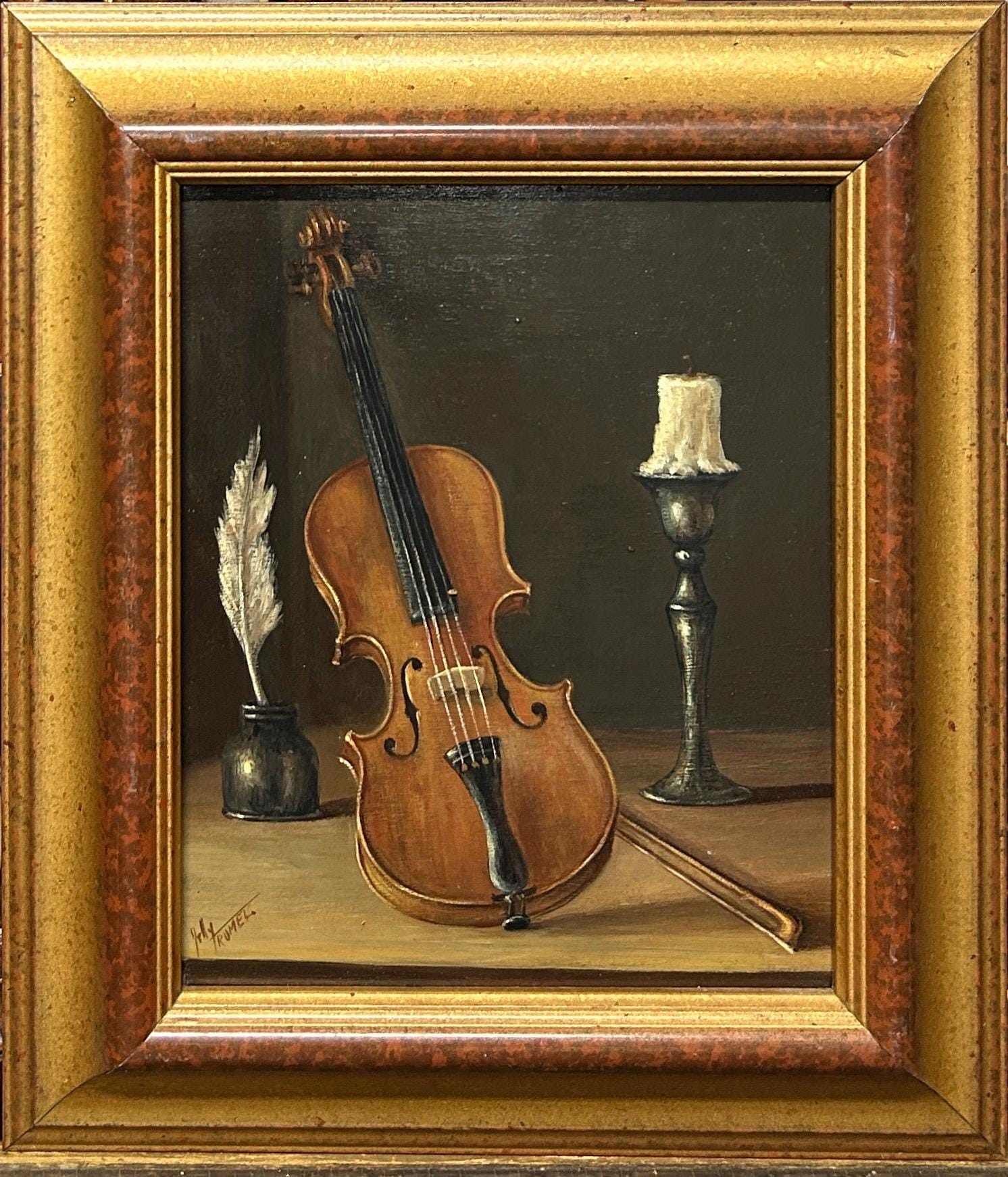 Scene With violin and a candle , Nice Color Vintage Original  Oil Canvas painting, Handmade, Framed, signed