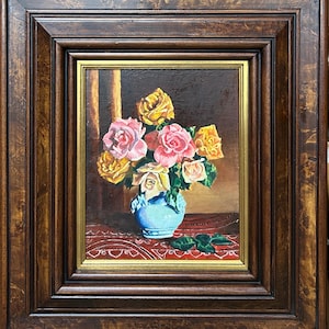 Antique Original oil on wood painting, Oil painting, Roses Floral Still Life, Framed, Handmade