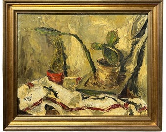 Still Life Scene with Cactus, Multi Color Oil Antique Painting 1945 Hand Made, Signed, Framed
