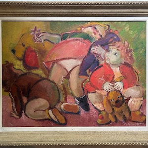 Character Group Children , Original  Vintage Oil on plywood painting 1950’s  expressive oil painting with frame