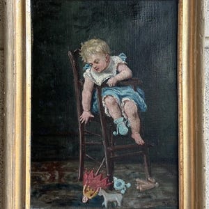 Baby with Toys Original Antique Oil painting, Baby Girl on Chair, Signed , Framed, Antique Original Handmade painting , Fine Art