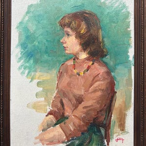 Portrait of a Young Girl  original Vintage Oil painting 1950’s  Beauty Girl Expressive, Framed