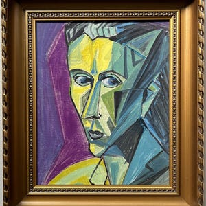 Male portreat Man , Vintage Original oil canvas painting, Cubism Handmade  Art 1950’s