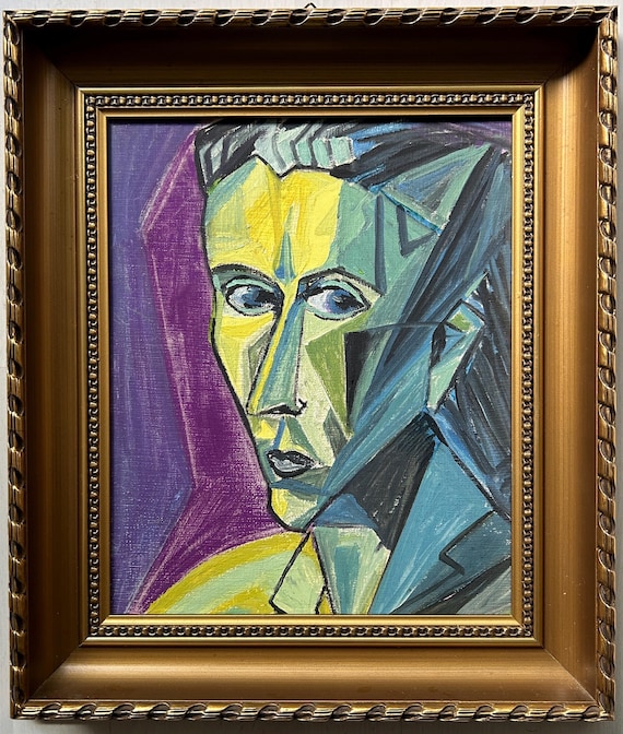 Male portreat Man , Vintage Original oil canvas painting, Cubism Handmade  Art 1950’s