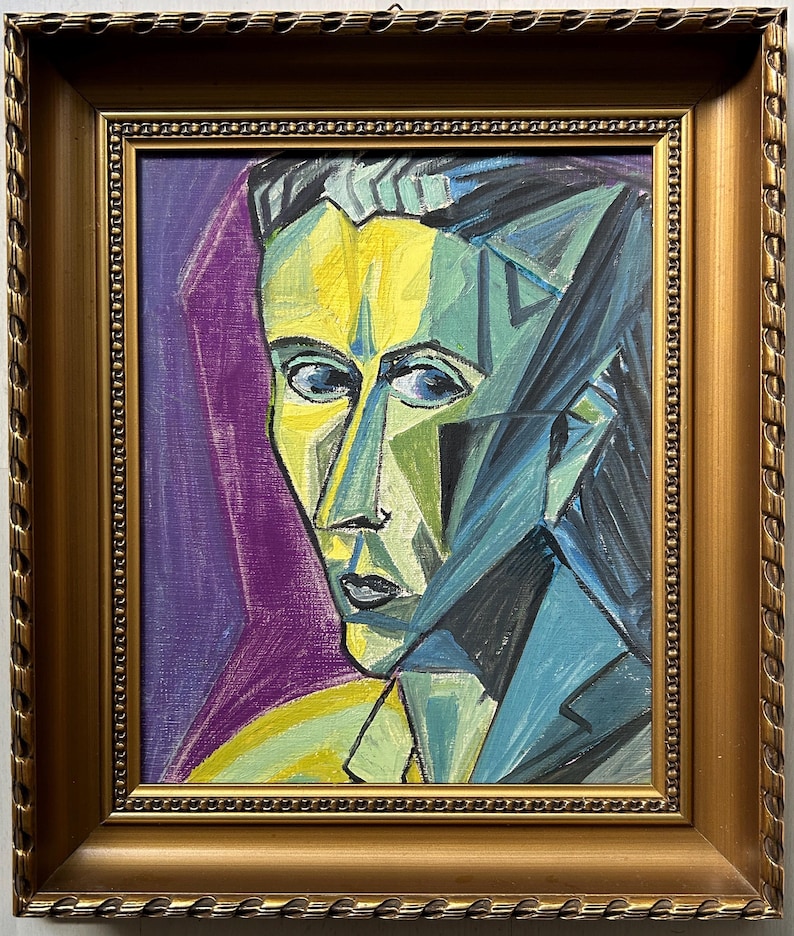 Male portreat Man , Vintage Original oil canvas painting, Cubism Handmade Art 1950’s image 1