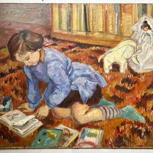 Girl is reading playing, Original Vintage Oil on cardboard painting 1950’s  expressive oil painting with frame