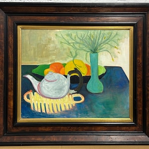 Fruit and tea  Still Life, Handmade, Vintage Original oil canvas painting, Expressive hand made