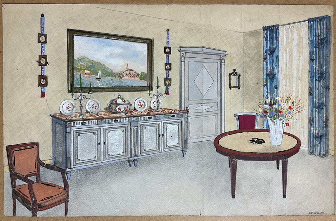 Antique French Interior Watercolor Painting, Signed Dennemor - Etsy