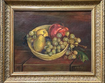 フルーツバスケット、オリジナル油彩キャンバス、署名入り、額入り