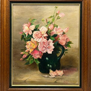 Antique Original oil canvas painting, Bouquet Rose Floral Still Life , Framed, Handmade, Signed 1928