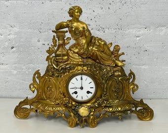 Gilded Bronze Clock 19ct century French Antique Bronze Statue, Rare piece good condition