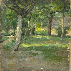 Small Landscape Original Antique Oil canvas on cardboard Painting, Hand Made, Sunny Day, Garden nature