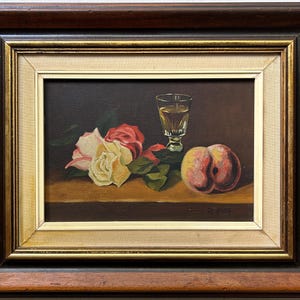 Flowers Still Life Multi Color Oil Antique Painting,  Framed,  Still Life with Fruits , Original Oil canvas Painting