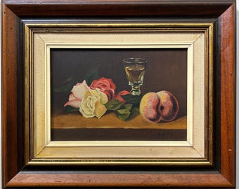 French Still Life Oil Painting, Flowers & Fruit, Framed Antique Art