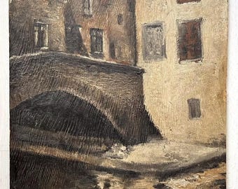 額入り19世紀の油絵 - 街の通りの風景 オリジナルヴィンテージ