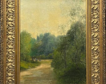 Barbizon School , Trees Nature Garden,  Original Antique Oil  Painting, Framed, Signed