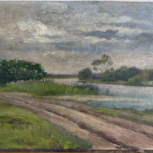 Small Antique Oil  painting, Landscape Scene with river Sky Forest, Barbizon school