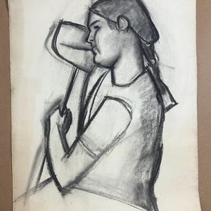 Female Girls portrait Large Original Pencil Drawing, Original Coal Drawing on Paper, 1950-60’s