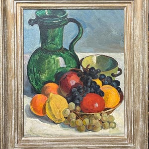 Fruit and jug of wine  Still Life, Handmade, Antique Original oil painting, Expressive, Signed, Framed