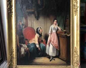 Family scene, mother forbids her daughter to date a guy, Antique Original Oil, Large Original Antique Oil Painting 1830-60’