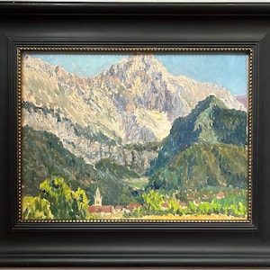 Vintage France Oil  painting, Mountain Sky Landscape Scenariy , Framed