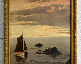 Yachting  France seascape nature Seashore waterfront  Scenariy Sky, frame original Antique  oil painting