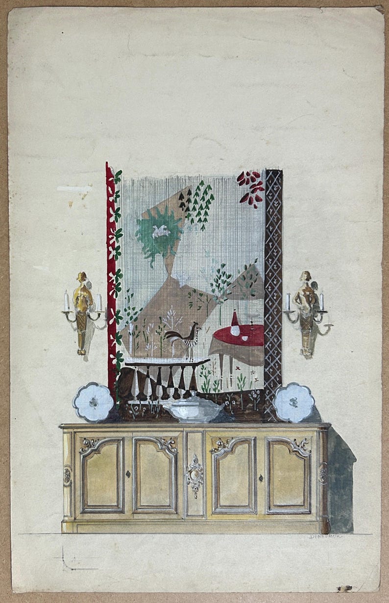 Antique French Interior Watercolor Painting, Signed Dennemor (19.6x12.4 ...