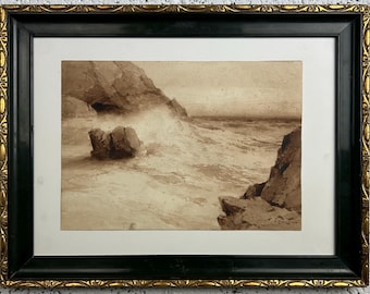 Antique Original Watercolor On Paper, Signed, Seascape Marine, Signed A.  Hanzen