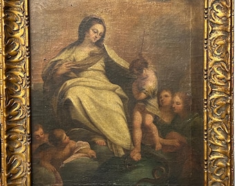 18 Century Antique Original Oil canvas painting, Mary with Jesus defeating the serpent, Framed
