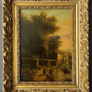 Landscape Village  Trees Sky  Nature, Antique Oil  painting, Original Antique Oil painting 19th century, Framed