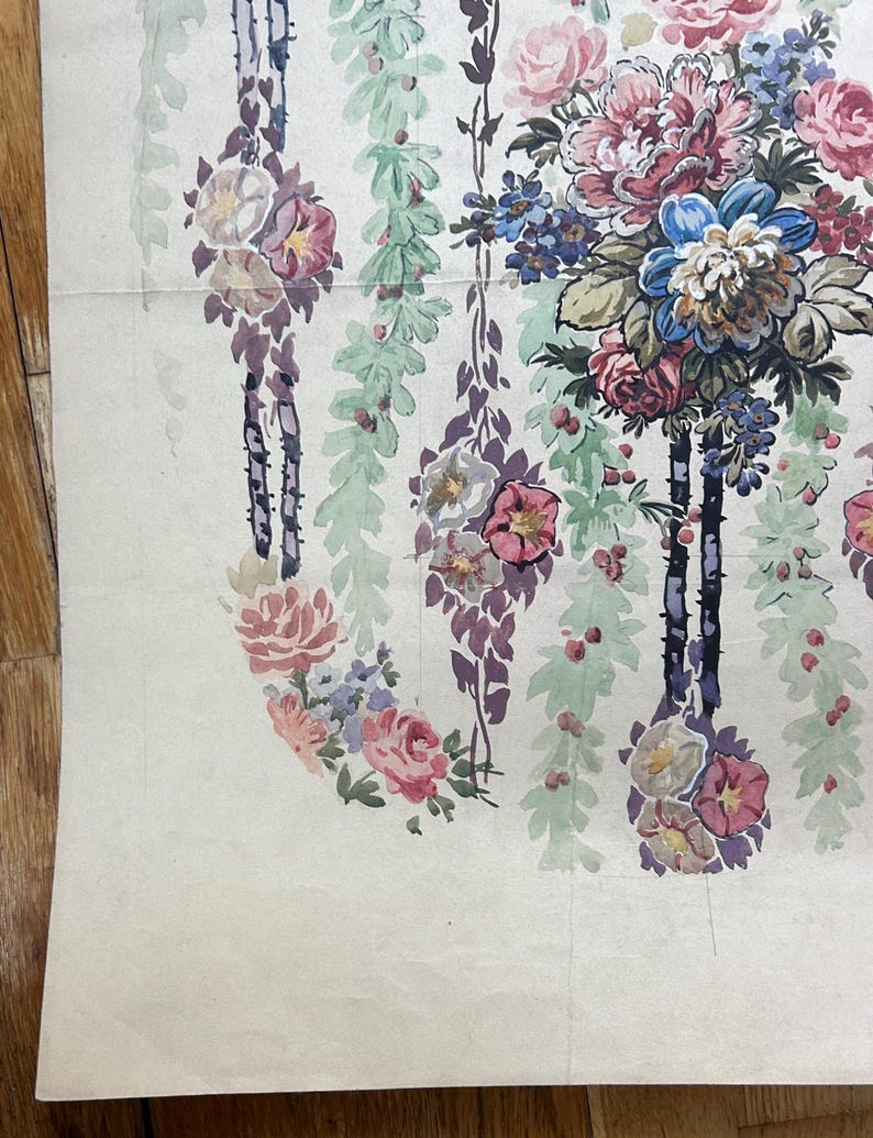 Vintage Floral Wallpaper Sample Antique Rose Bouquet Garland Pattern ...